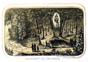 schwarz weiß Zeichnung einer Maria-Erscheinung im Wald